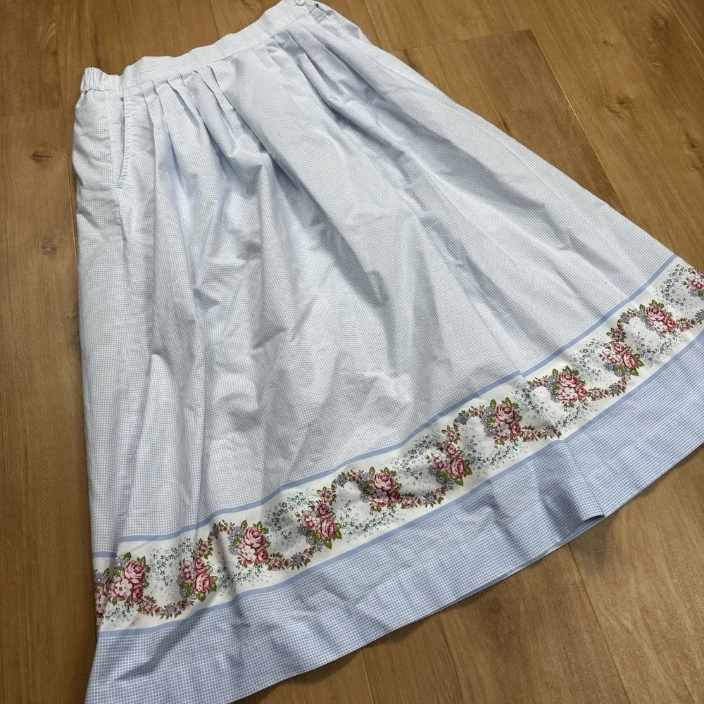 VTG Bechamel Size 10 Skirt Blue Checkered and Floral Cottagecore Pockets Japan‎